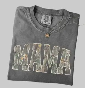 Hunting Mama Comfort Colors T-Shirt with camouflage varsity design, retro camo mama tee-perfect Mother’s Day gift for proud outdoor moms who love hunting style.