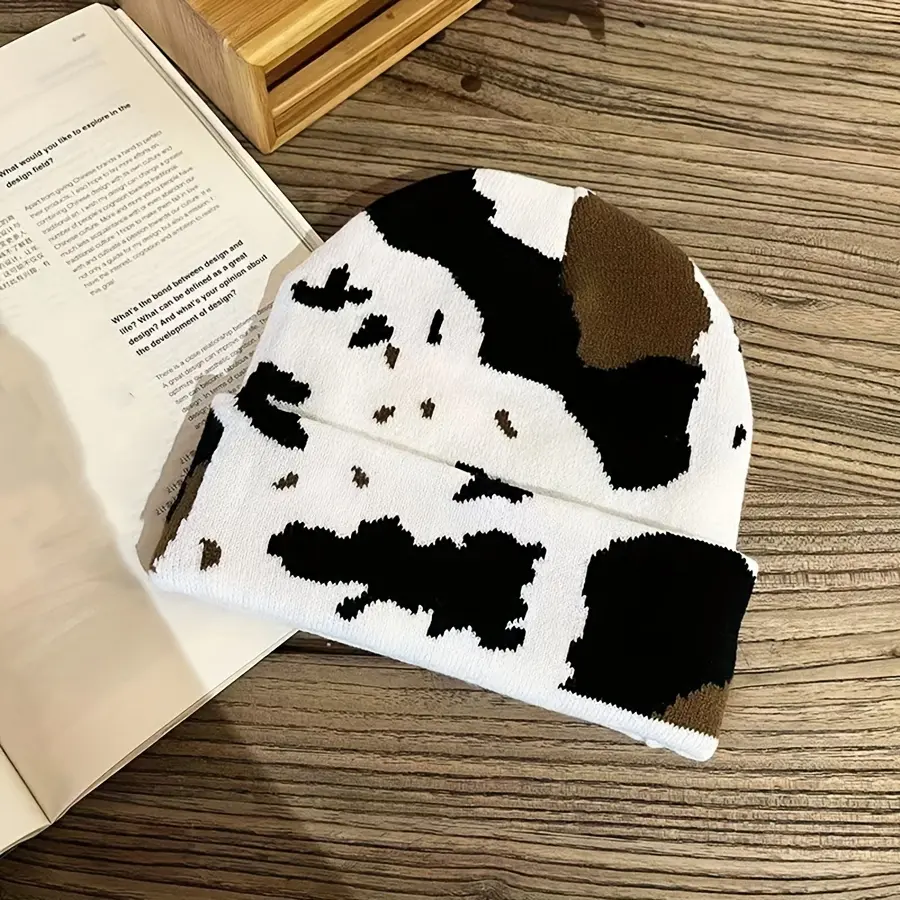 Fashion Cow Print Highland Cow Beanie, Women's Cow Print Hat Fall Winter Warm Knit Hats - Super Soft Unisex Animal Print Winter Knit Beanie