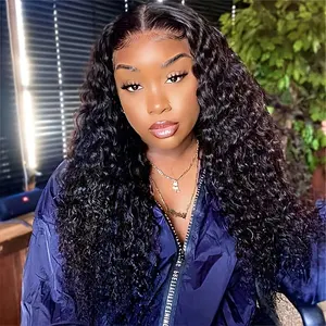 #1B 180 Density 6x4 Water Wave Wig Glueless Wigs Put On And Go 100% Human Hair Pre Plucked Pre Cut Human Hair Wigs for Women Human Hair HD Lace Frontal Water Curly Wigs Glueless Wig for Beginners