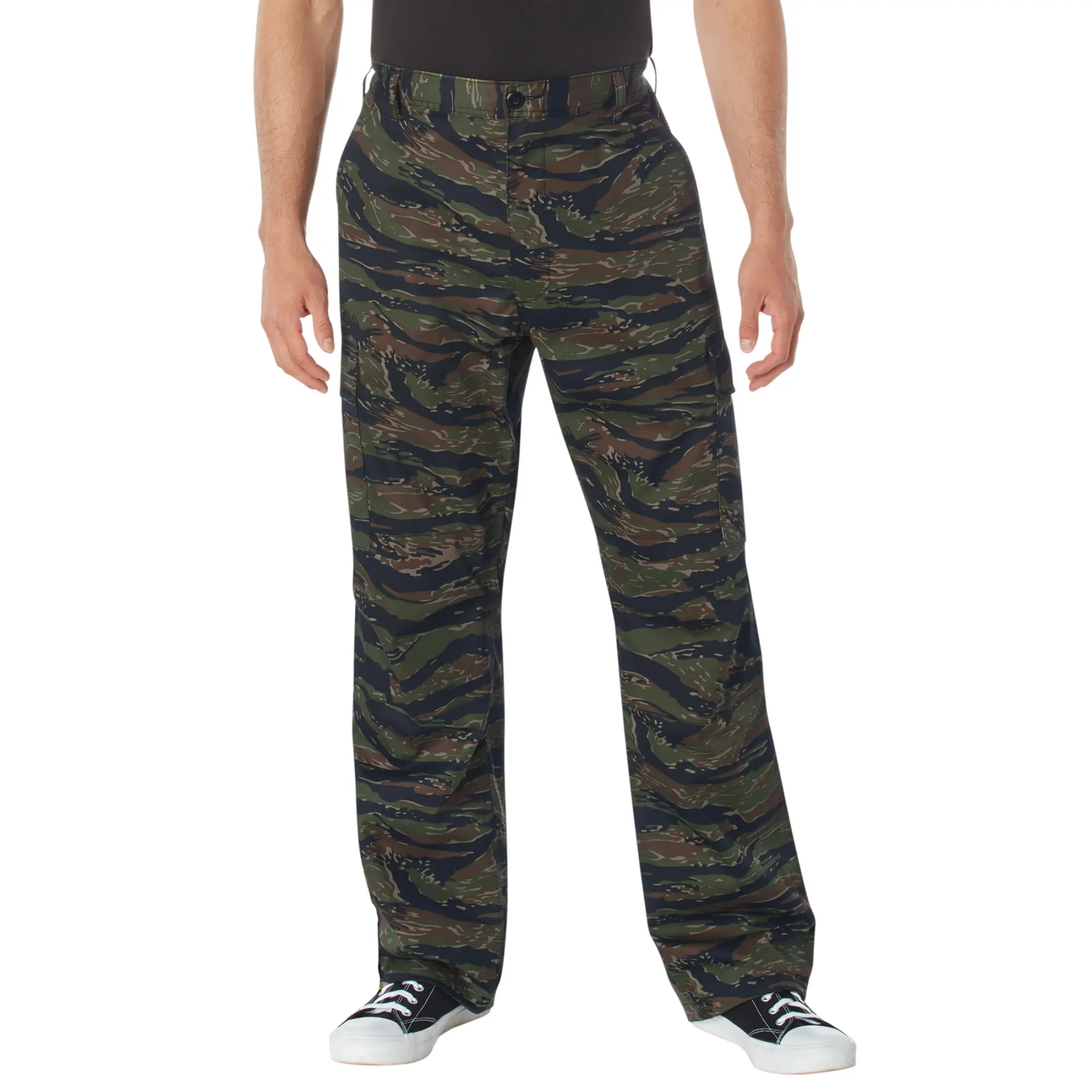 Men's Tiger Stripe Camo Tactical BDU Cargo Pants - Relaxed Loose-Fitting Full Length Poly-Cotton Twill, 6 Pockets, Zipper Fly, Drawstring, Reinforced Seat and Knees, Machine Washable Menswear Utility Bottoms