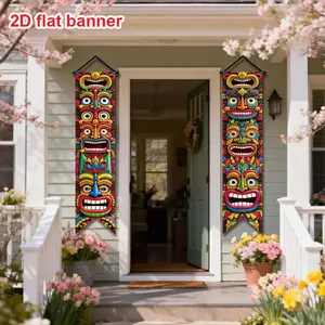 Hawaiian Tiki Totem Theme Banner Set, 2pc Polyester Wall Decor, Summer Party Photo Prop, Beach Party Decoration, Poolside Entrance
