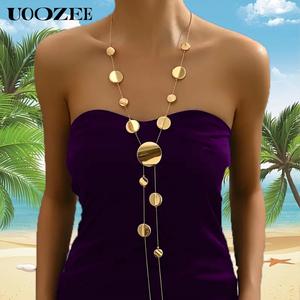 UOOZEE Women's Golden Geometric Disc Y-Shaped Statement Necklace - Fashionable Link Chain Jewelry with Exaggerated Charm, Niche Temperament Accessories for Women, Boujee Engagement Party Gifts