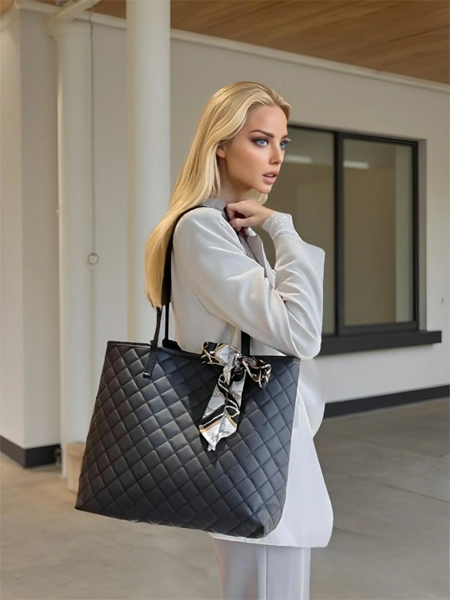 Rhombus Quilted Pattern Tote Bag, Scarf Bow Decoration Casual Shoulder Wide Strap Crossbody Bag, Luxury Bag Set, Cute Plush Purse Clutch Chain Small S