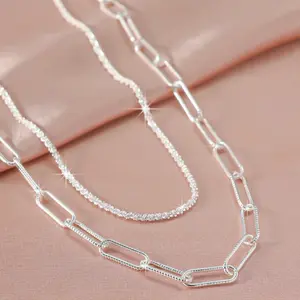 925 Sterling Silver Plated Sparkly Necklace Double Layered Dainty Chain Necklace Paperclip Necklaces Waterproof Minimalist Jewelry Gifts Layering Necklaces for Women | Curb Link, Paperclip Layered Chains | Trendy Layering Necklace