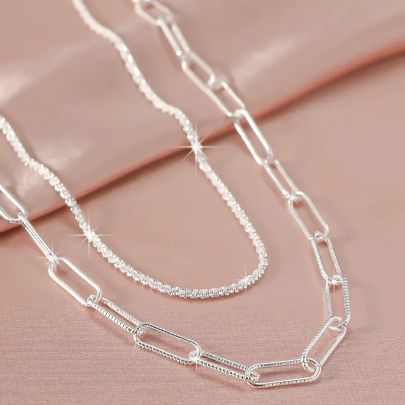 925 Sterling Silver Plated Sparkly Necklace Double Layered Dainty Chain Necklace Paperclip Necklaces Waterproof Minimalist Jewelry Gifts Layering Necklaces for Women | Curb Link, Paperclip Layered Chains | Trendy Layering Necklace
