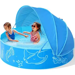 Foldable Kiddie Pool with Canopy: 47in Baby Pool and Beach Tent for Toddlers Infants 6-12 Months and Kids 2-4 Years Old - Portable Water Play with Shade for Outdoor Backyard Beach (Blue-Blue)