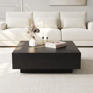 39" Square Wood Coffee Table with Storage, Mid-Century Modern Coffee Table with 2 Drawer, Wood Veneer, for Living Room, Fully-assembled, Black
