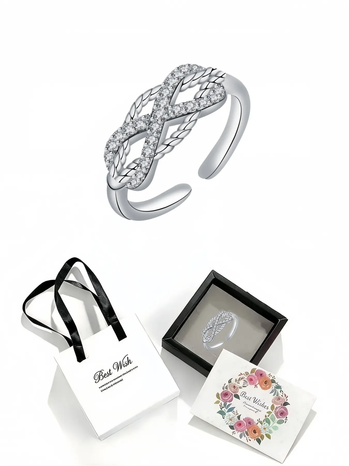 Heart Spark Infinity Ring Delicate diamond-studded open adjustable ring with an eternal love design. Paired with an upscale drawer jewelry box, a lovely gift for women for birthdays, Mother’s Day, Valentine’s Day, Christmas and anniversaries.