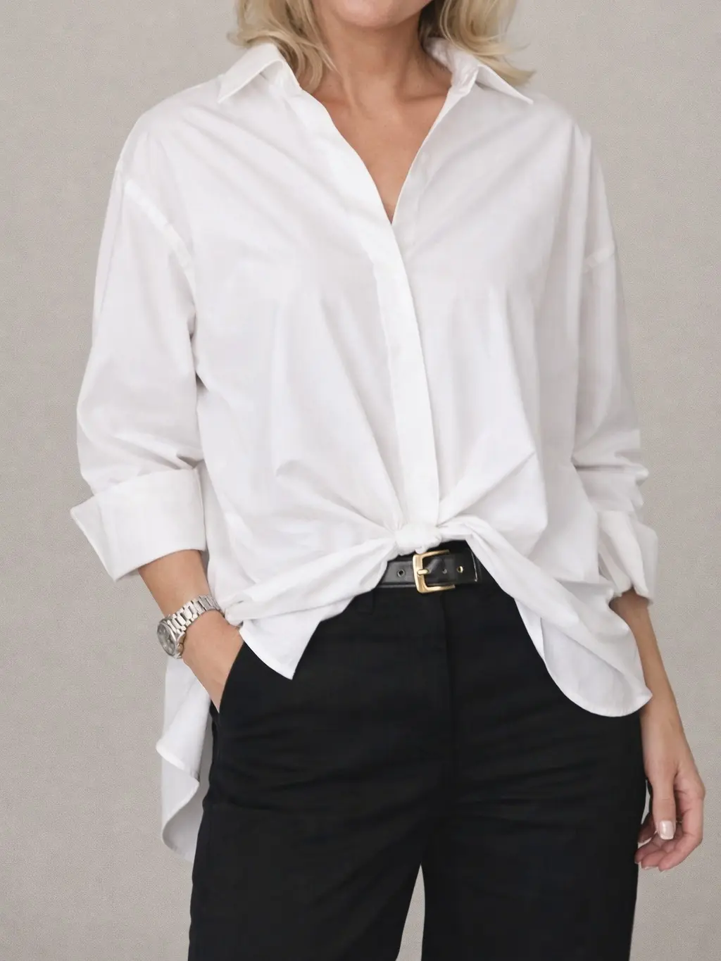 Lady's Basic Elegant Polyester Collared Oversized White Longsleeves Blouse Dress - Minimalist Loose Fit, Structured Silhouette, Premium Lightweight Fabric, Invisible Mannequin Look, Tops for Work, Daily Wear