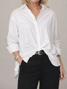 Lady's Elengatine Collared Oversized White Shirt Dress - Basic, Minimalist Loose Fit Long Blouse, Invisible Mannequin Look, Structured Silhouette, Premium Lightweight Comfortable Fabric, Elegance-Infused Casual Style for Work, Daily Wear,summervibes