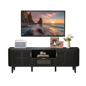 Giratree TV Stand for TVs Up to 65 Inch, Boho Wood Television Stands Media Entertainment Center Console Table with Curved Iron Rattan Doors and Drawer for Living Room