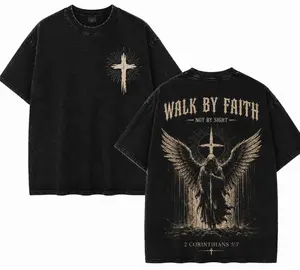 Vintage Acid Washed Black Oversized Christian Tee with Walk By Faith Not By Sight Quote, Angel Knight Print, 2 Corinthians Verse Grunge Aesthetic Shirt