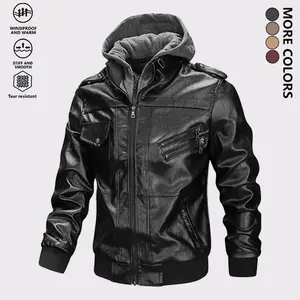 Men’s slim-fit leather jacket with hood, trendy streetwear vintage-style motorcycle riding coat with multiple zippered pockets, casual two-piece look, perfect for autumn/winter daily wear and outdoor activities