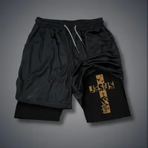 Christianity 80s 90s Double-Layer Sports Shorts Graphic Shorts Black Camo Streetwear Shorts Men Outfits Men Vacation Outfits Shorts