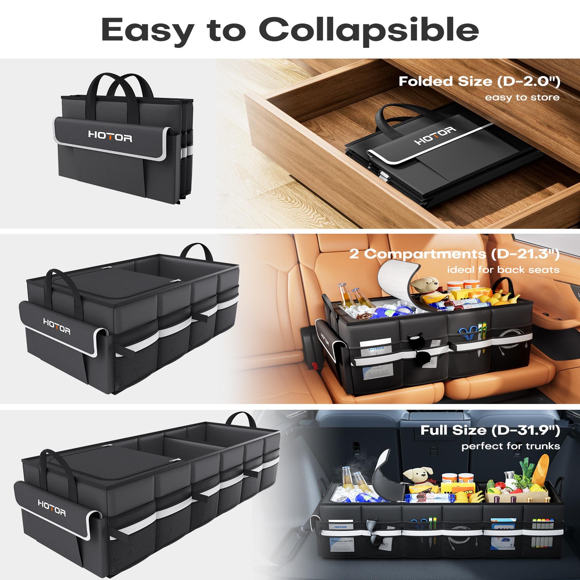 3 Compartment Car Trunk Organizer, Foldable Black Storage Box with Gray Edge, Built in Insulated Cooler Section with Ice Pack and Reflective Strip Design, Large Capacity Trunk Organizer for SUV, Sedan, Grocery, Tools and Travel Essentials 3 Compartment Car Trunk Organizer, Foldable Black Storage Box with Gray Edge, Built in Insulated Cooler Section with Ice Pack and Reflective Strip Design, Large Capacity Trunk Organizer for SUV, Sedan, Grocery, Tools and Travel Essentials