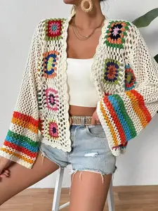 Women's Colorful Floral Pattern Crochet Cardigan, Casual Long Sleeve Open Front Knitwear for Spring & Fall, Fashion Women's Knit Clothing for Daily Wear