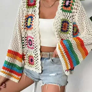 Women's Colorful Floral Pattern Crochet Cardigan, Casual Long Sleeve Open Front Knitwear for Spring & Fall, Fashion Women's Knit Clothing for Daily Wear