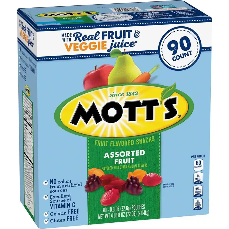 Mott’s Assorted Fruit Flavored Snacks, 90 Pack, 0.8 oz Pouches | Real Fruit Flavor, Gluten Free, Kids Lunch Snack