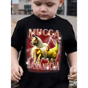 Boys' Cotton Graphic Short Sleeve T-Shirt - Italian Brainstorm Series, Banana Cow & MUCCA BANANUCCA Print, Round Neck, Regular Fit, Summer Casual Outdoor Playwear, Machine Washable, Character-Themed, Graphic, Character-Themed Boys' T-Shirts, Graphic Boys'