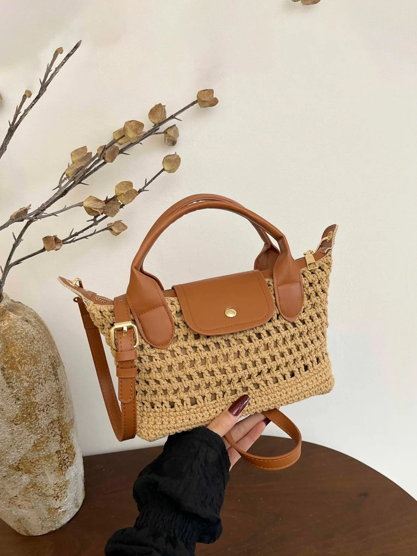 1pc Ladies' exquisite handmade crocheted mesh mini double back tote bag, brown leather trim with gold hardware, Bohemian style summer beach crossbody bag, aesthetic daily handbag, suitable for vacation and travel use