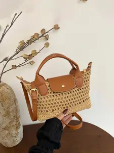 1pc Ladies' exquisite handmade crocheted mesh mini double back tote bag, brown leather trim with gold hardware, Bohemian style summer beach crossbody bag, aesthetic daily handbag, suitable for vacation and travel use