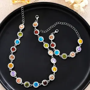 Colorful Jewelry Set, New Fashion Colorful Zircon Bracelet and Necklace Set High Sense Female Accessories Jewelry Set