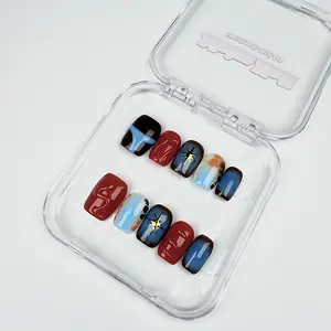 Starburst Blue Ombre Press On Nails – Short Square, Jelly Red & Tortoise Accents, Gold Star (Handmade, 10pcs)