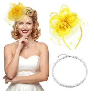 LOLIAS Fascinators Hats for Women Tea Party Hat Feather Mesh Headband Hat Clip Veil Headwear with Necklace Derby Pillbox2026