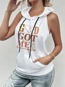 Women's Back Cut-Out Sleeveless Top, Casual Letter Print Hoodie, Summer Fashion, Fitted Design with Pockets, Ladies' Clothing, Aesthetic