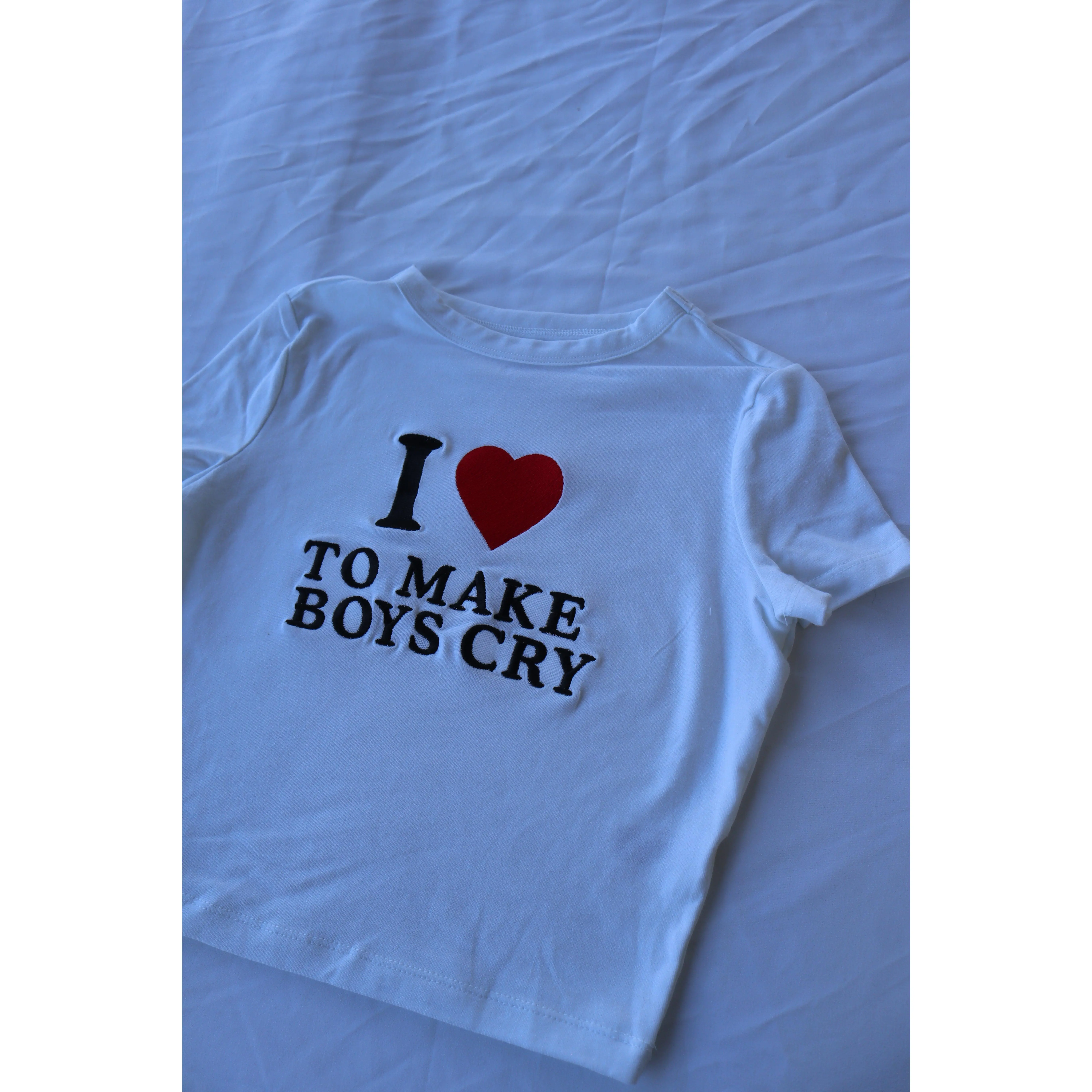 Embroidered ‘I Heart to Make Boys Cry’ Cropped, Short Sleeve, Petite fit, Adult, Female, T-Shirt