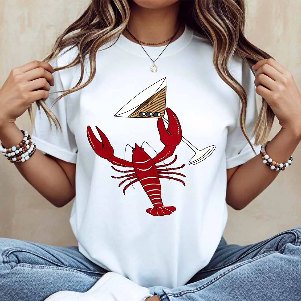 Lobster And Cocktail Glass Print T Shirt Women Casual Short Sleeve Round Neck Top Summer Fashion Trendy Graphic Tee