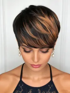 Short Straight Highlight Brown Pixie Cut Wig Human Hair with Bangs for Women Color 1B30