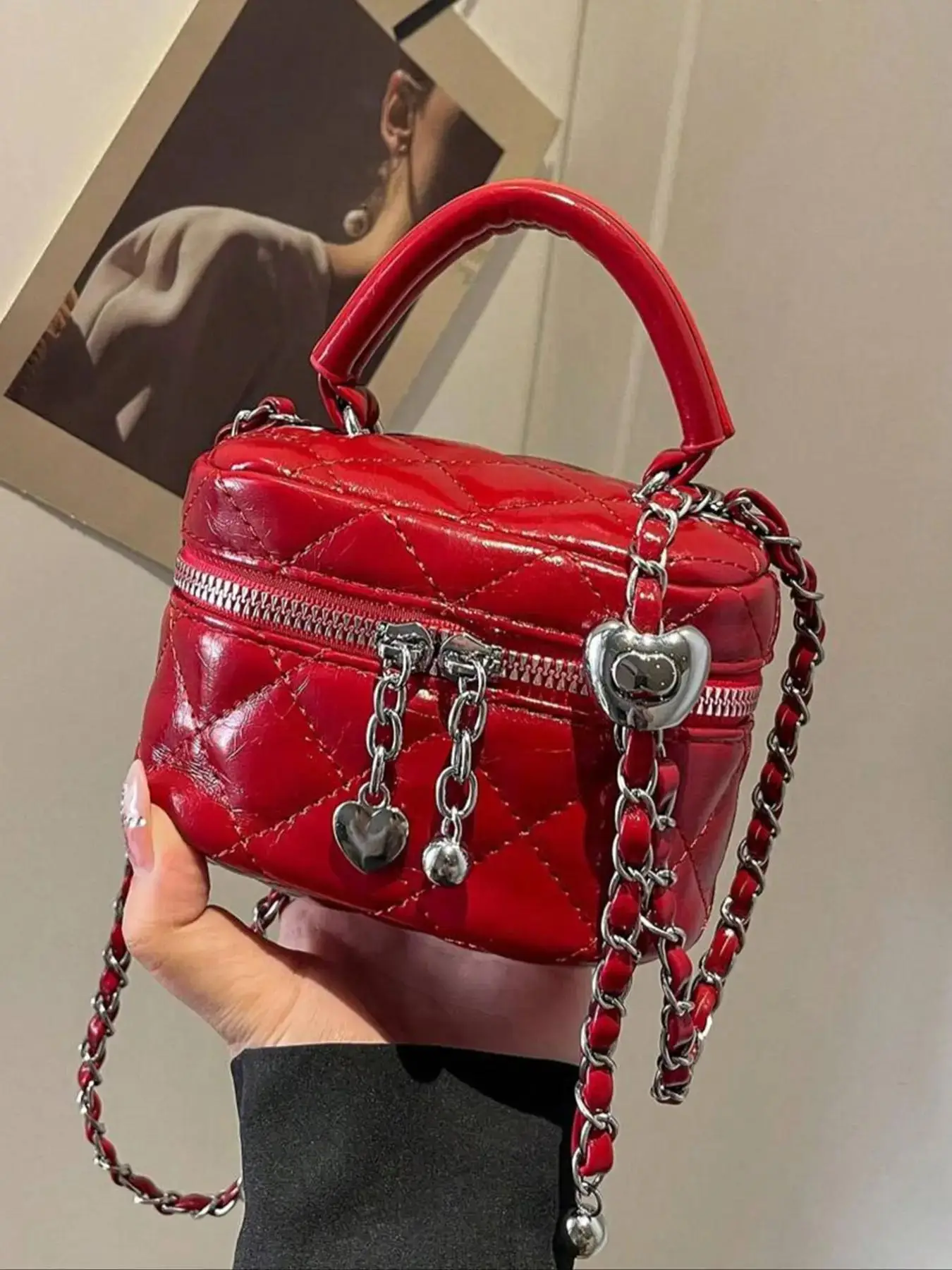 Women's Fashionable Solid Color Quilted Crossbody Bag, Elegant Mini Handbag with Heart Decor, Casual Trendy Versatile High-quality Daily Commuting Bag