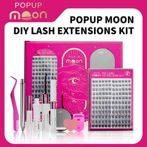 [9 in 1 Kit] Popup Moon DIY Eyelash Extension Kit-280 Pieces-Long Lasting & Waterproof-Beginner Friendly-Natural Look-Fluffy-3D-D Curl-Cosmetic Makeup