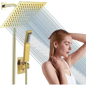 8" High  Square Rain Shower  And  Metal Handheld Shower, Equipped With 78"Hose, 3 Way Diverter Valve,Adhesive Shower  Holder, Luxury Shower Combo