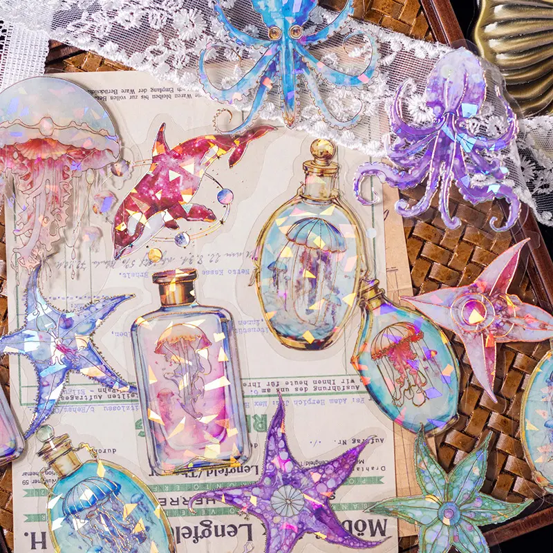 120 pieces (6 packs) Ocean Dream Series Sticker Pack, Decorative Holographic Glitter Sea Life Sticker - Transparent Waterproof Neptune, Octopus, Starfish Sea Animal Sticker, Garbage Diary, Scrapbook Supplies (20 pcs/pack)