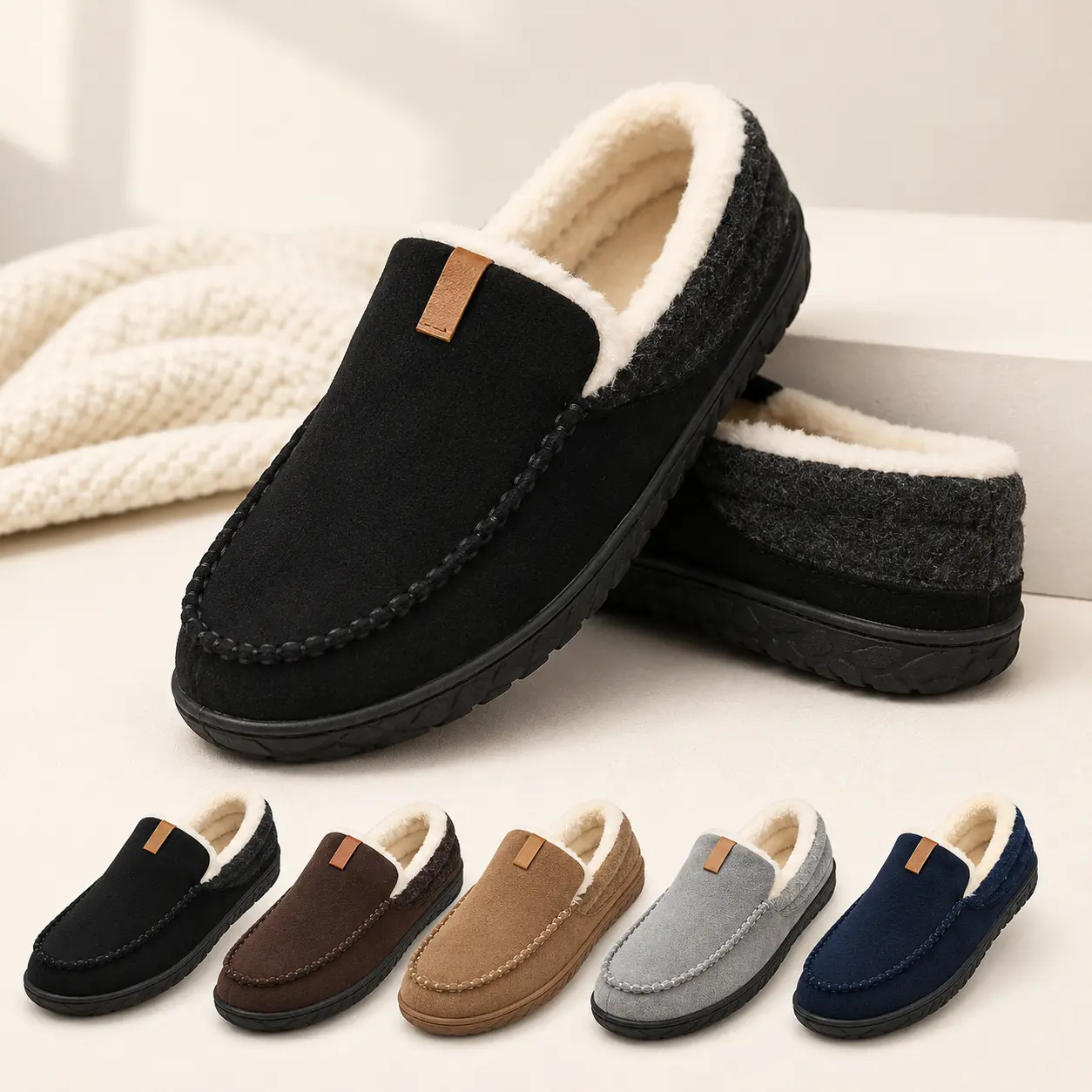 Men's Winter Velvet Home Slippers - Classic Stitched Upper, Soft White Plush Lining, Non-Slip Wear-Resistant Rubber Outsole, Cozy Aesthetic Men's Fashion Shoe, Footwear for Autumn-Winter Study Bedroom Comfort, Slide Slippers, Cozy Aesthetic Men's Fashion