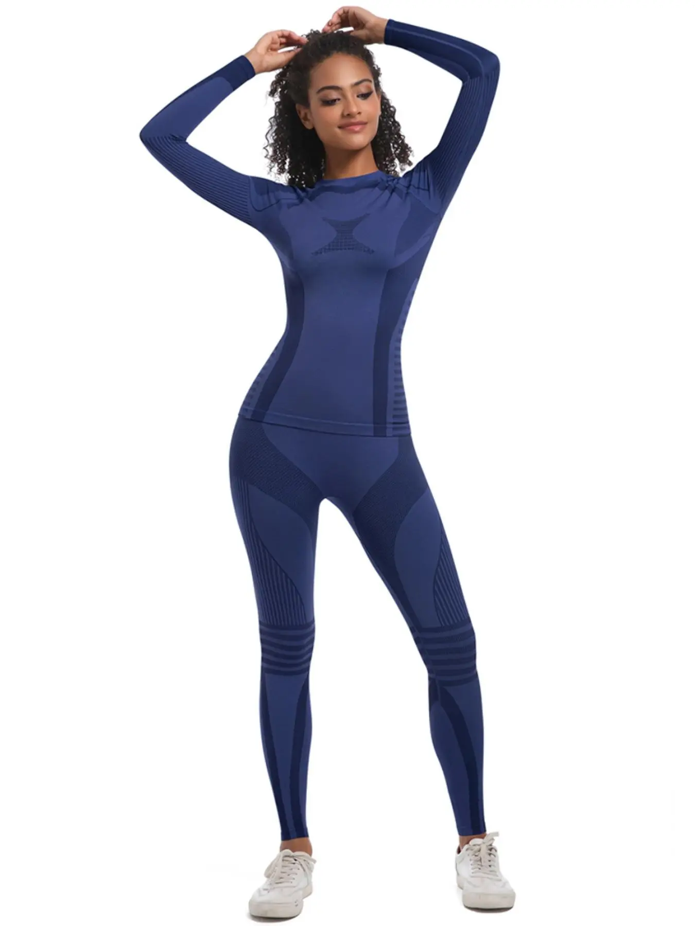 Women's Patchwork Print Long Sleeve Compression Ski Baselayer Top & Leggings Set, Sporty Tight-fitting Top & Leggings, Ladies Sportswear for Indoor Outdoor Wear, Skinny Sportswear
