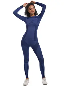 Women's Patchwork Print Long Sleeve Compression Ski Baselayer Top & Leggings Set, Sporty Tight-fitting Top & Leggings, Ladies Sportswear for Indoor Outdoor Wear, Skinny Sportswear