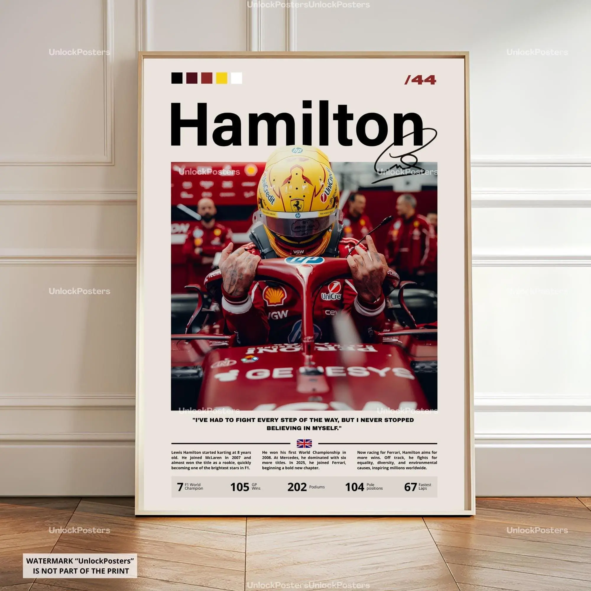 [Racing Decor - Sale Up To 40%] [Unframe] Lewis Hamilton Ferrari Racing Poster, Ferrari Racing Driver Wall Art, Professional Motorsport Portrait, Scuderia Ferrari Decor, Grand Prix Legend Art
