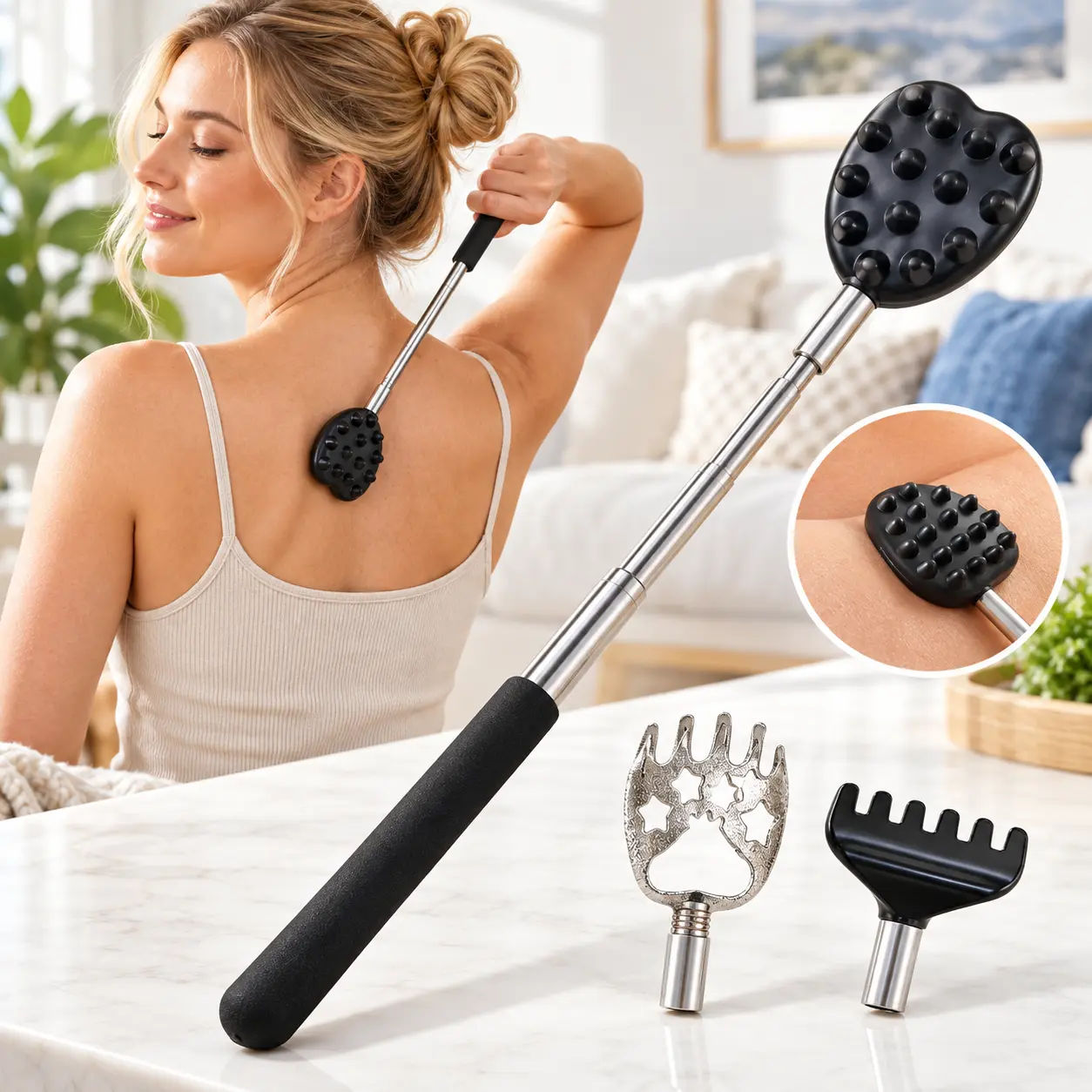 3-in-1 Extendable Backscratcher Rake - Manual Massage Tool for Adults, Telescopic Handle, Interchangeable Head, 6.75in x 0.5in Compact Storage, Adjustable Reach, Muscle Therapy, Portable Body Care, Retracts for Travel, Tension Relief, All-Purpose Use