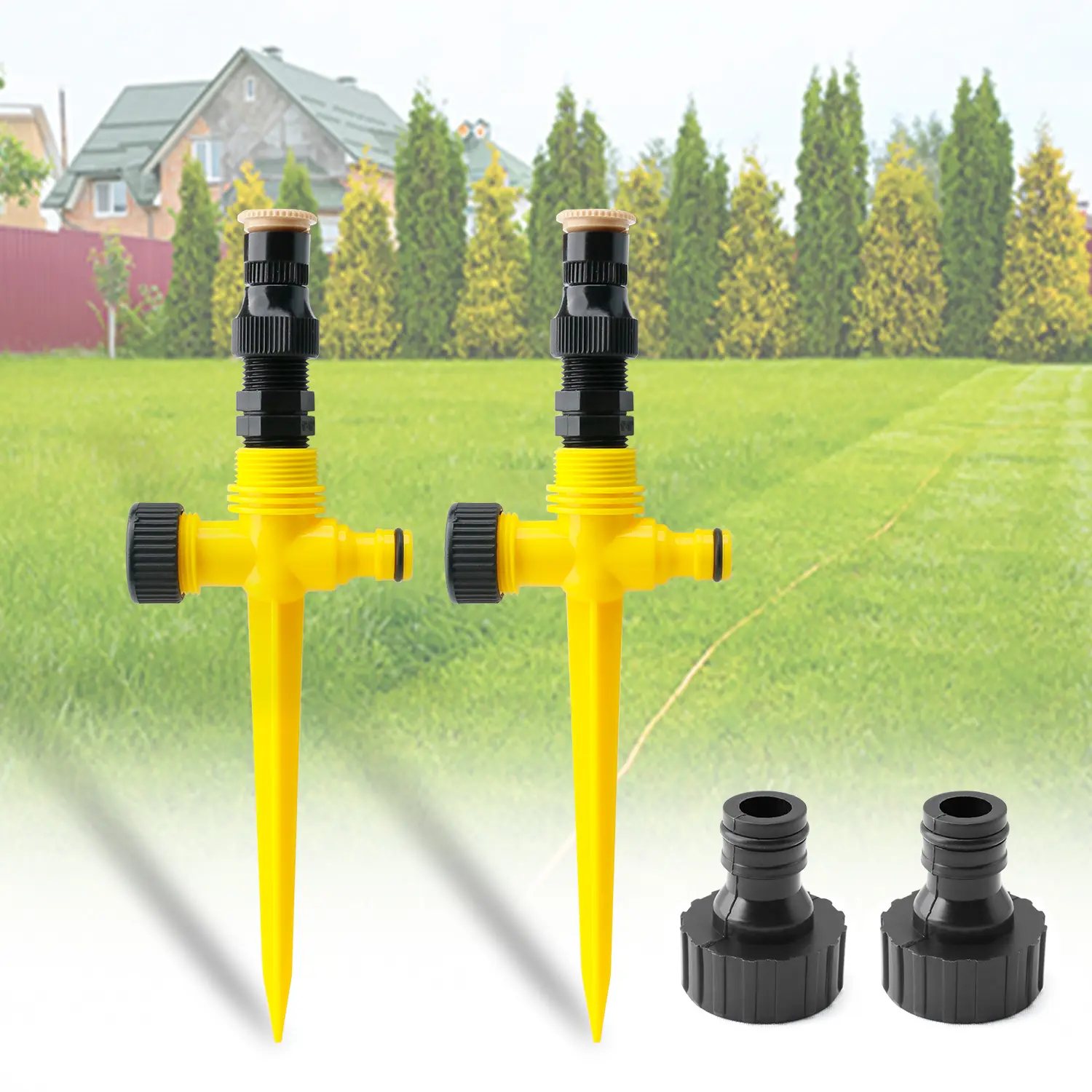2-Pack Durable ABS In-Ground Irrigation System Spikes - 360° Adjustable 3-Way Hose Automatic Watering Sprinklers, Tandem Spray Nozzles, Flexible Connectivity, Adjustable Watering System for Garden Lawns, Sun Protection, Irrigation System Sprinklers
