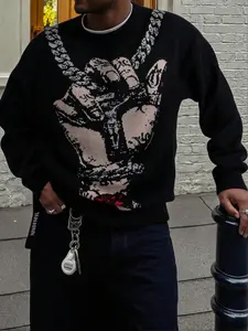 Men's Fall Winter Casual Loose Fit Plain Color Cross Pendant Rose Flower American Vintage Dark Gothic Round Neck Long Sleeve Knit Sweater