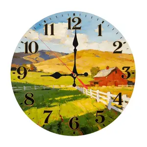 Rustic Farmhouse Barn Oil Painting Wall Clock | Silent Non-Ticking Country Landscape Clock for Living room, Bedroom, Kitchen, Home decor, Battery not included
