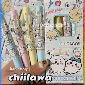 Chiikawas Set of 4 Press-Type Erasable Gel Pens | Thermal Friction Erasable Pen Crystal Blue Black Ink 0.5mm Writing for Student School Use