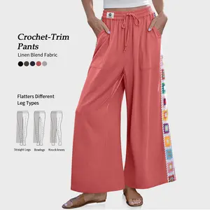 【SS26 Collection】TARSE Womens Wide Leg Linen Blend Pants Summer Travel Casual Drawstring Loose Boho Beach Lounge Palazzo Crochet Panel Pant with Pocket