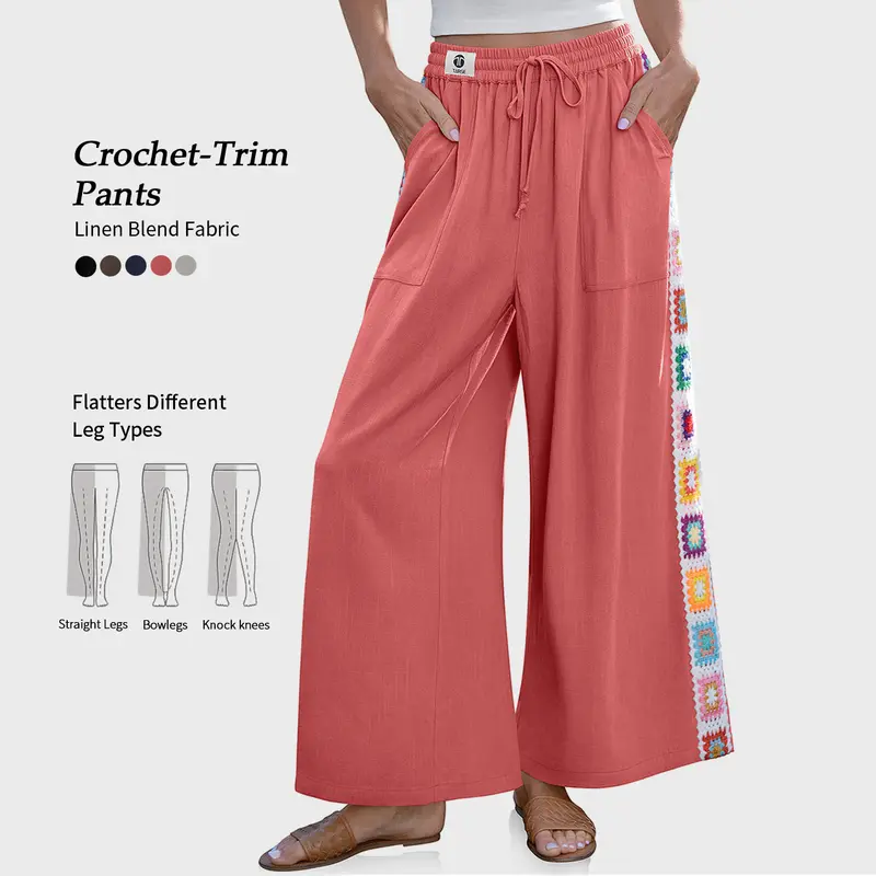 【SS26 Collection】TARSE Womens Wide Leg Linen Blend Pants Summer Travel Casual Drawstring Loose Boho Beach Lounge Palazzo Crochet Panel Pant with Pocket