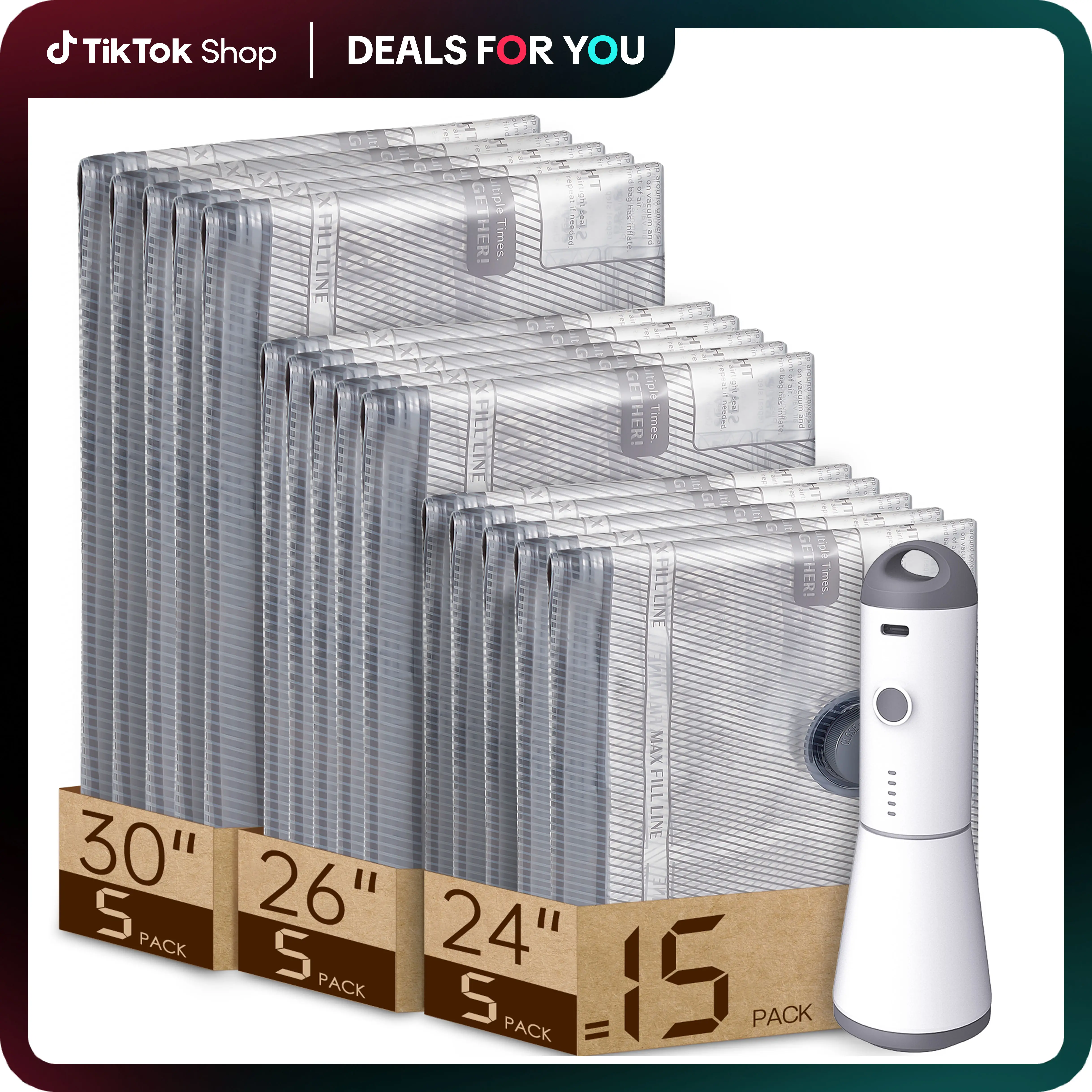 VACBIRD [2025 Upgraded] X7 Cordless Travel Vacuum Bag Set – 15-Pack Compression Bags for Carry-On Suitcases – 140L/Min Powerful Air Removal – USB Rech