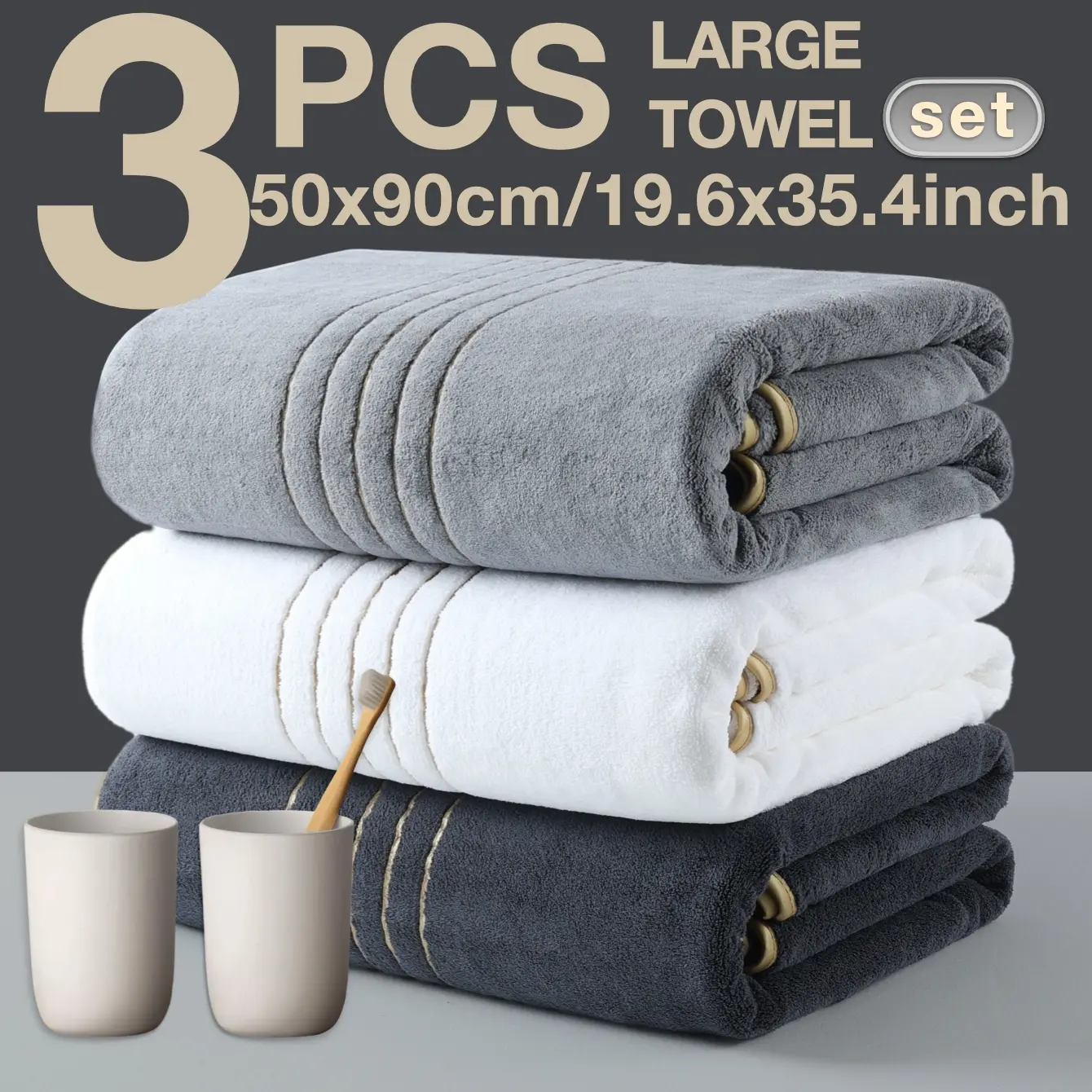 3-Piece Gold Thread Decorative 50x90cm, Absorbent Thickened Towels, Super Absorbent Towel, Strong Absorbent Microfiber, No Shedding, Colorfast, Suitable for Home Camping Hotel School Community Factory, Water Absorbent Towel
