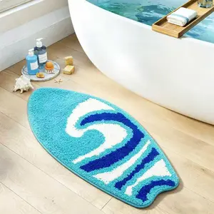 Surfboard Shape Bathroom Rug, Fun Ocean Wave Pattern, Summer Beach Style Door Mat, Non-Slip and Washable, for Bathroom, Kitchen, Entryway, Bedroom